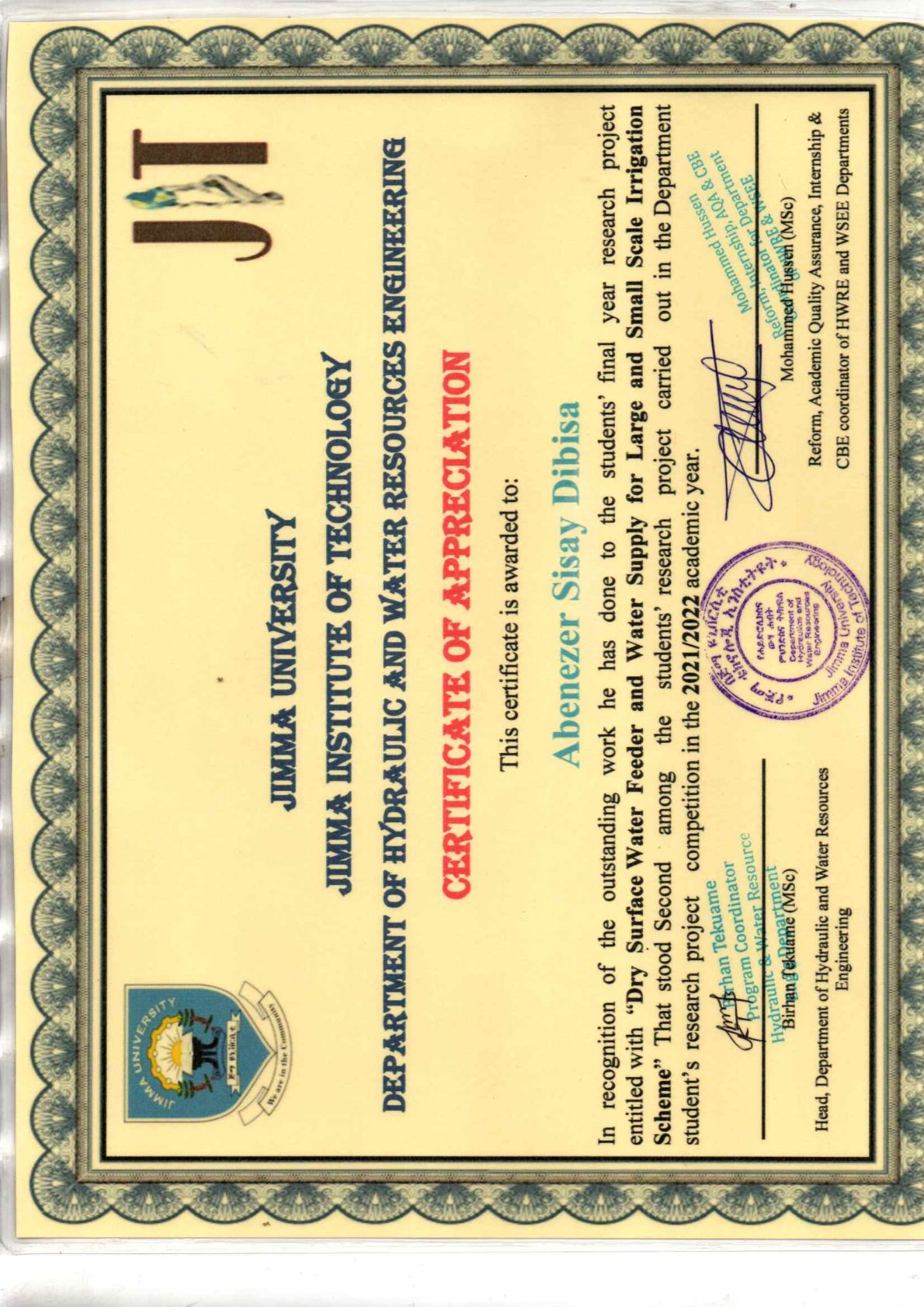 Certificate of appreciation for the 2nd-place research project