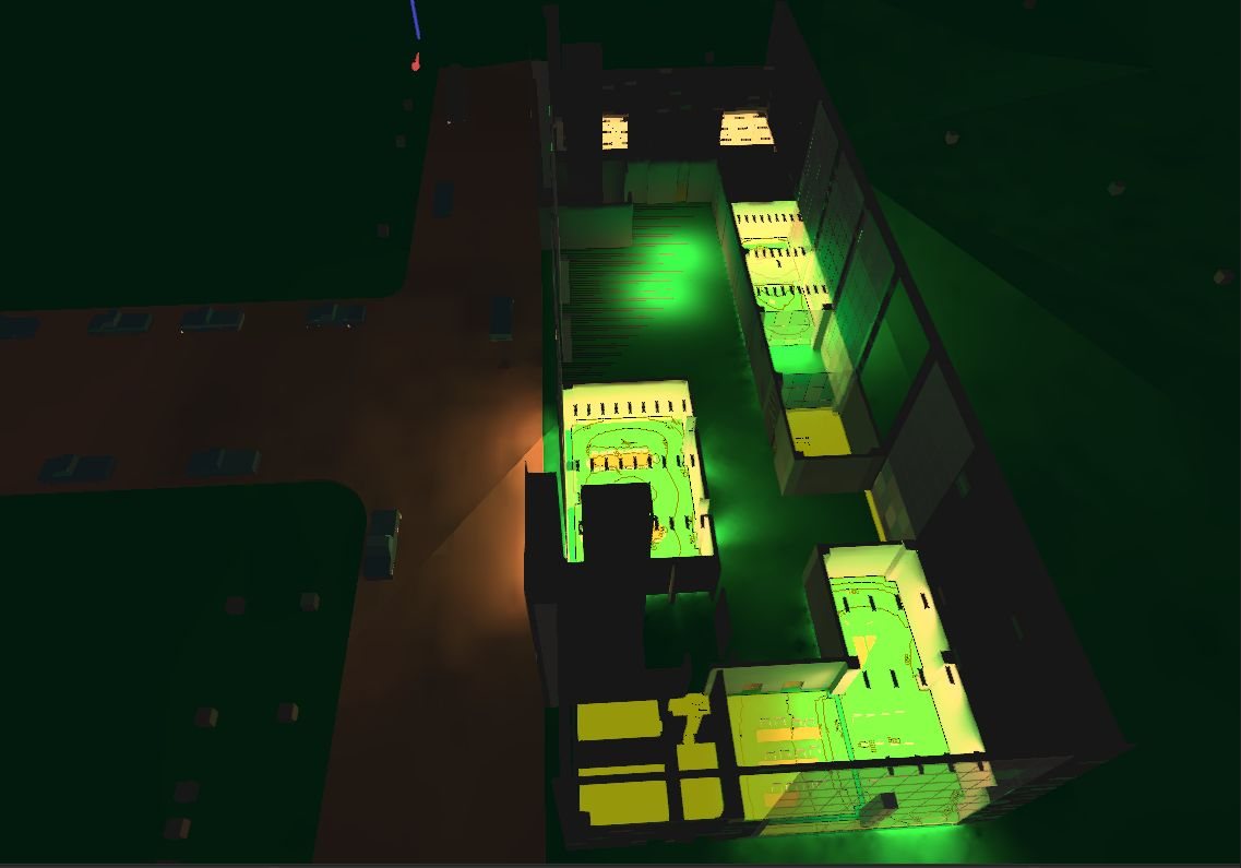 DIALux false-colour illuminance simulation of a building